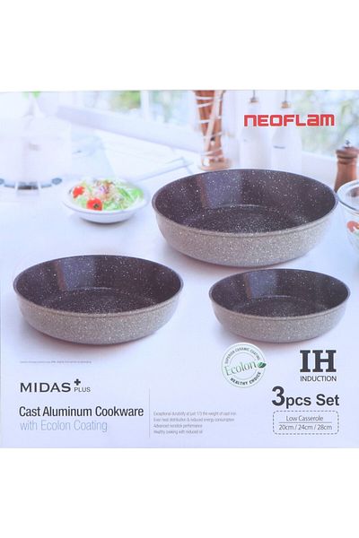 NEOFLAM MIDAS,Round Ovenware,Set 3pcs,20,24,28cm,Cast Aluminum with Ecolon Coating,Warm Marble Color