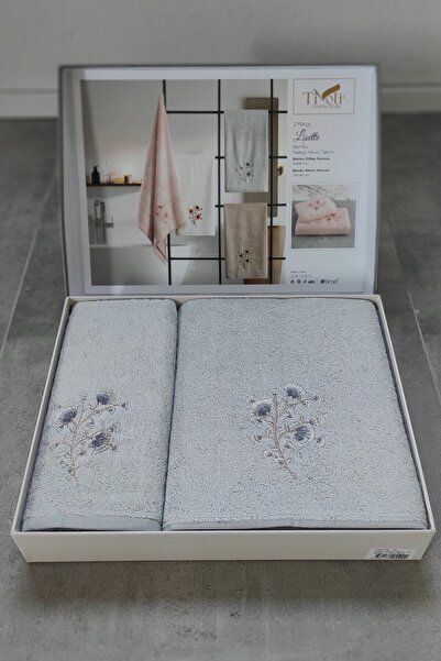 Sevim Σετ πετσετών μπάνιου από μπαμπού 2 τεμαχίων - Μοτίβο λουλουδιών & Κεντημένο - Σετ προίκας 2 τεμαχίων - Tivoli Lisette - Γκρι