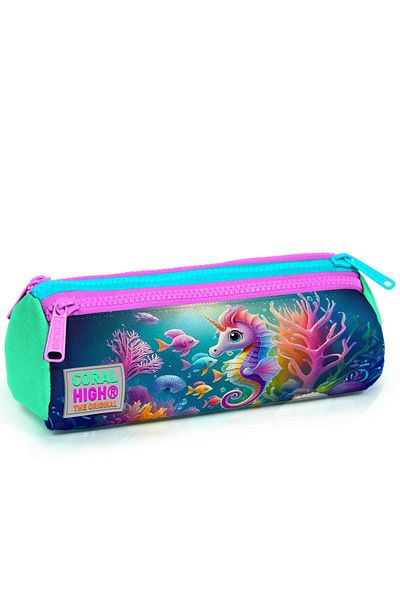 Coral High Παιδική τσάντα μολυβιού τριών διαμερισμάτων με μοτίβο μπλε νερού πράσινο ιππόκαμπο 22088
