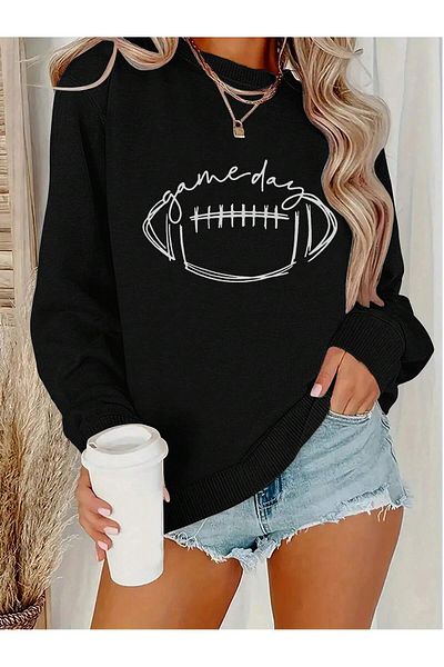 MODARİCH Winter Oversize Sweatshirt - Black, Printed, Raised, Crew Neck
