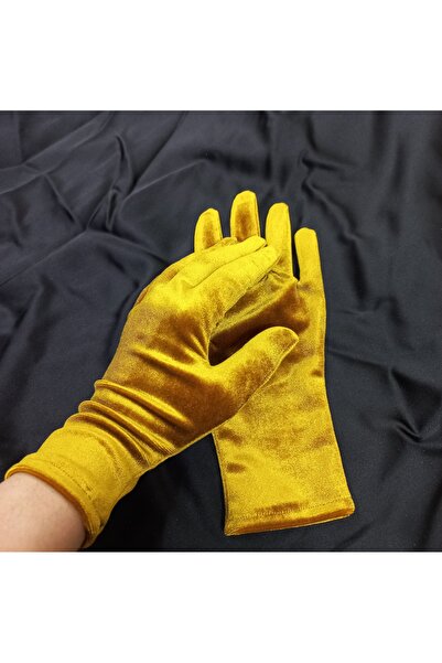 es moda shop Γάντια βελούδινα μέχρι τον καρπό σε χρώμα μουστάρδας Elisabeth