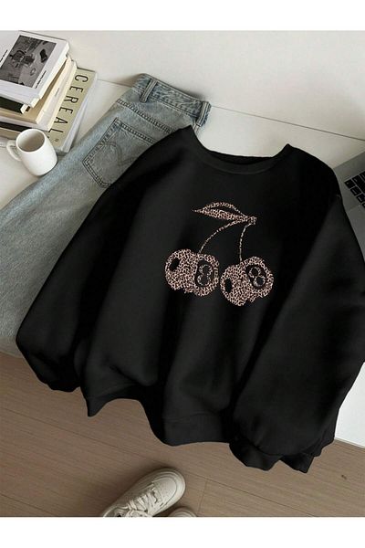 MODARİCH 8 Cheery Black Oversize Sweatshirt - Crew Neck