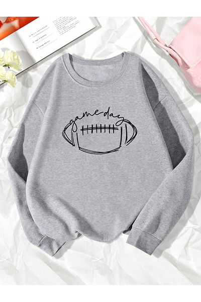 MODARİCH Winter Gray Oversize Sweatshirt - Crew Neck, Printed Game Day Ball