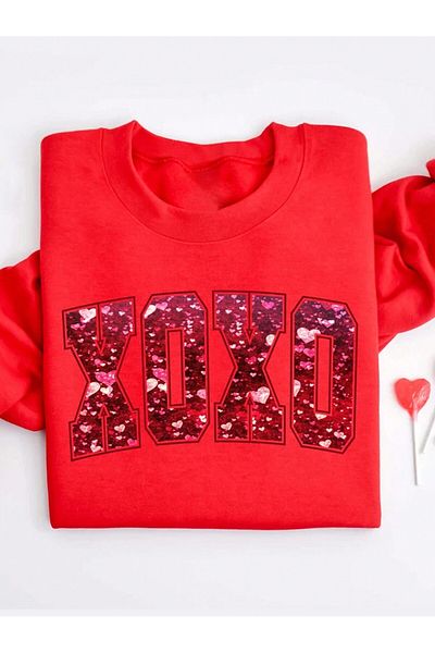 MODARİCH Xoxo Winter Sweatshirt - Red Printed Oversize Raised Crew Neck