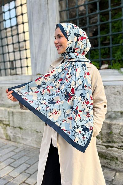 EVERMORE Şal cu model de primăvară proaspătă - EM001-19 - Albastru şi Burgundy