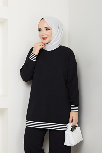 ECK MODA Γυναικείο σετ από μαύρο λινό ύφασμα κάτω και πάνω