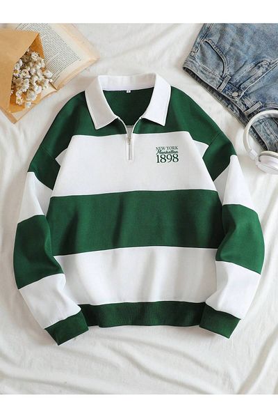 MODARİCH New York 1898 Striped Piece Zip-Up Sweatshirt - Green and White Printed Polo Neck