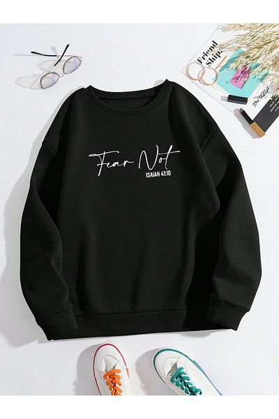 MODARİCH Fear Note Sleeve Detail Winter Sweatshirt - Black Printed Oversize Raised Crew Neck