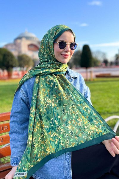 EVERMORE Σάλι Elegance Green Brown με σχέδιο Poppy - EM007-17