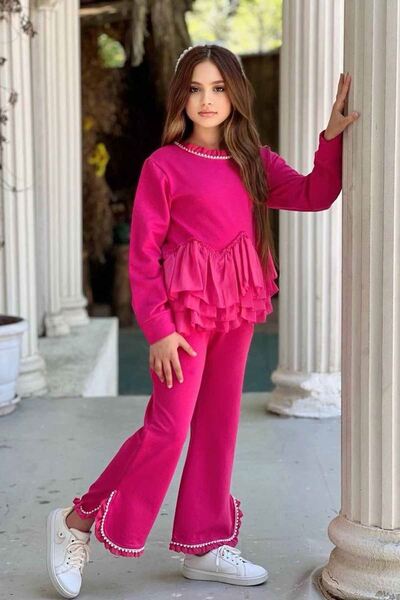Minigimin Cicileri Stone Detailed Girl's Set with Slit Pants - Fuchsia
