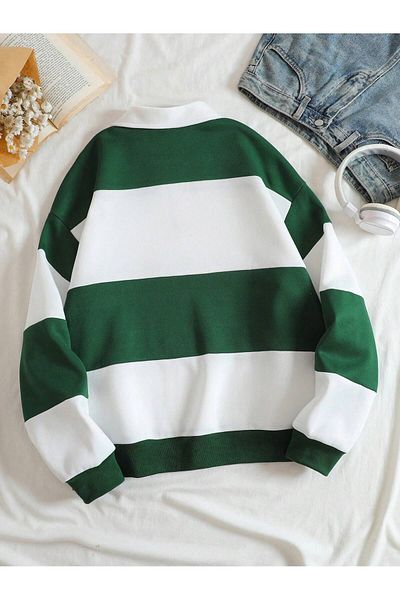 MODARİCH New York 1898 Striped Piece Zip-Up Sweatshirt - Green and White Printed Polo Neck