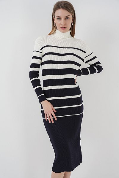Bigdart 15841 Ψηλόμεσο Πλεκτό Φόρεμα Navy Blue White