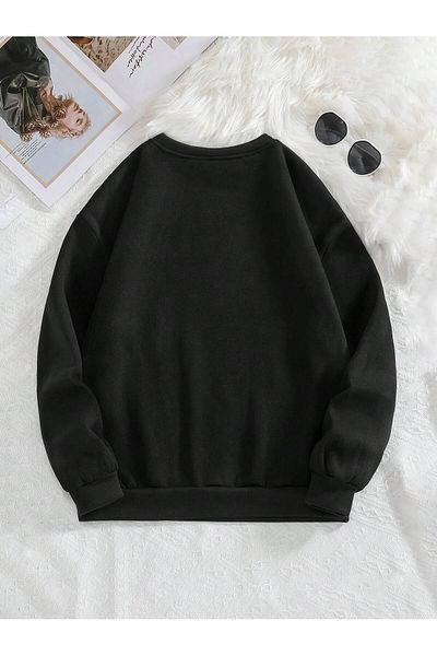 MODARİCH Just a Girl Winter Sweatshirt - Black Printed, Oversize Raised, Crew Neck