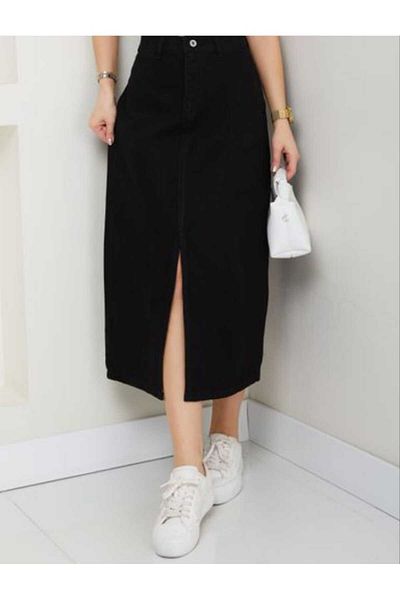 ECK MODA Black Denim Midi Skirt for Women - Back Pocket and Front Slit