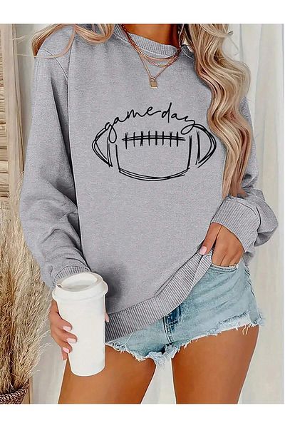 MODARİCH Winter Gray Oversize Sweatshirt - Crew Neck, Printed Game Day Ball