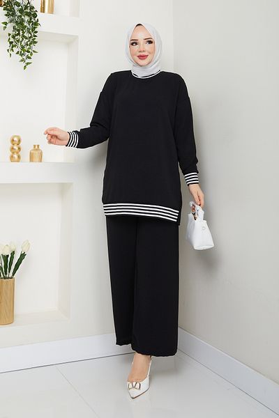 ECK MODA Women's Black Linen Fabric Bottom and Top Set