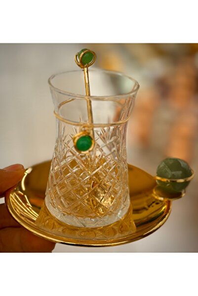 DUKKANI ISTANBUL 18 Piece Green Gold Copper Tea Set - 6 Pieces
