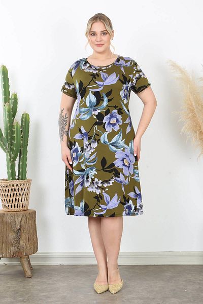 Mooi XXL Rochie midi de damă kaki violet cu model floral