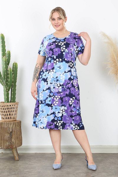 Mooi XXL Rochie midi de damă, albastru violet, cu model de flori sălbatice