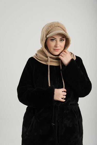 HÜRREM BONE Beige Plush Casual Hat - Lace-Up Balaklava Jacquard Plain 2332_12