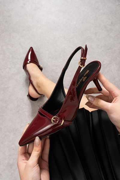 MissPapatya Zubby Back Tie Women's Casual Patent Leather Burgundy Classic Heeled Shoes