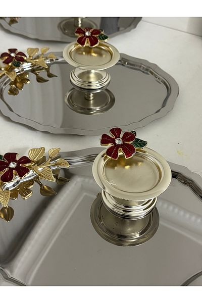 SEVA ÇELİK 3 Adept Red Floral Steel Oval Presentation Tray with Silver Tub