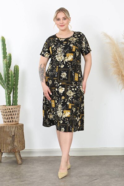 Mooi XXL Γυναικείο μίντι φόρεμα με μοτίβο μαύρο μουστάρδα