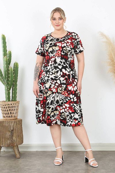 Mooi XXL Women's Red Beige Wing Pattern Midi Dress