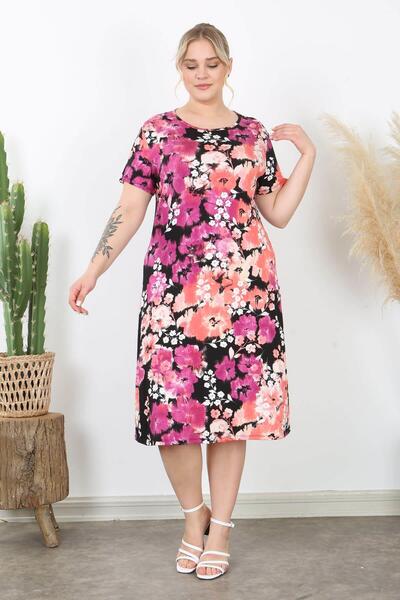 Mooi XXL Γυναικείο μίντι φόρεμα με ροζ σομόν με μοτίβο