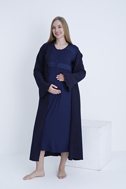 Miss Dünya Lissa Темно-синій тканий комплект нічної сорочки для вагітних та післяпологового періоду, придатний для грудного вигодовування