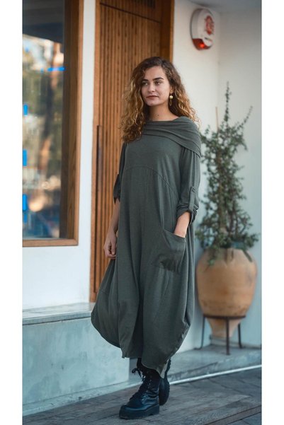 Miss Boheme Haki Renk Kapüşonlu Salaş Elbise