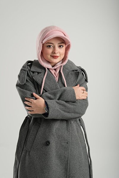 HÜRREM BONE Pudra Bağcıklı Peluş Salaş Şapkalı Balaklava Boyunluklu Bere Jakar Düz 2332_06