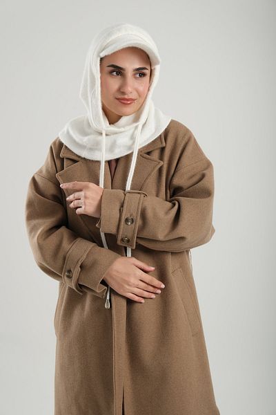 HÜRREM BONE Cream Balaklava with Plush Loose Hat - Jacquard with Lace-Up and Neck Collar 2332_40