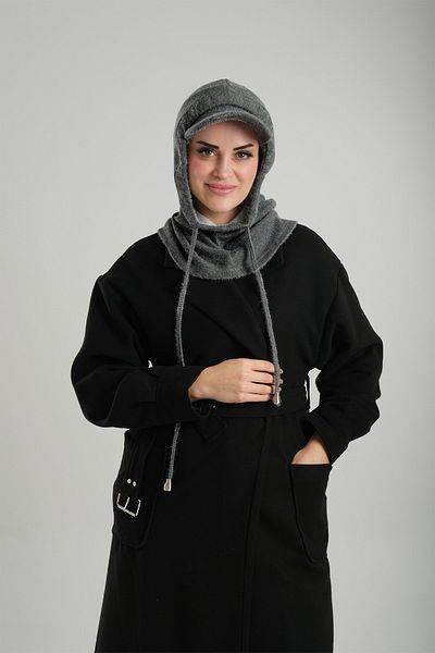 HÜRREM BONE Anthracite Lace-Up Plush Loose Cap Balaklava Neck Collar Beanie Jacquard Plain 2332_25