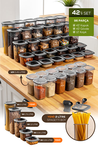 Vienev Lux Anthracite 42-Piece Airtight Food and Spice Set with Spoon