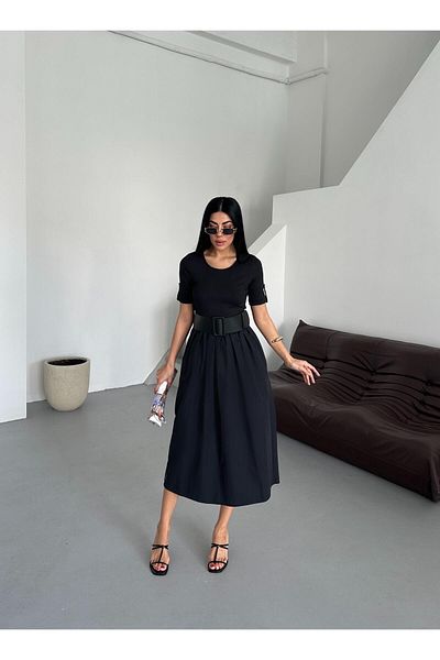 Appleline Camisole Short Sleeve Summer Black Dress with Belt