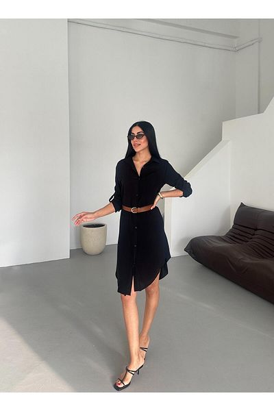 Appleline Black Cotton Viscose Long Belted Tunic Dress
