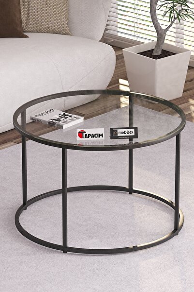 meDDex Riga Orta Sehpa  70 Çap Şeffaf Cam ( Temperli )- Siyah Metal