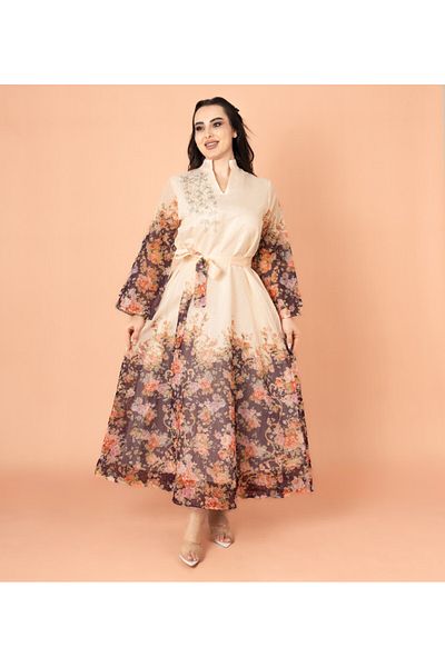 IKKXA Floral Belted Embroidery Jalabiya