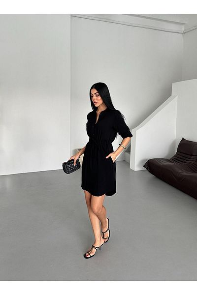Appleline Black Midi Tunic Dress - Gathered Cotton Viscose, Women'S, Midi Length