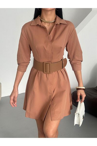 Appleline Lucy Fabric - Midi Length Half Sleeve Belt Detail Dress Brown