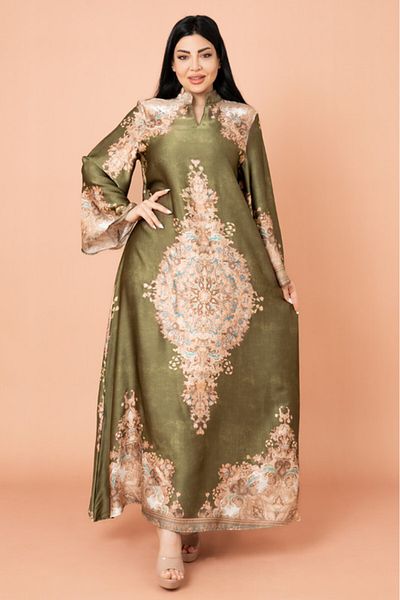 IKKXA Mandarin Collar Printed Jalabiya