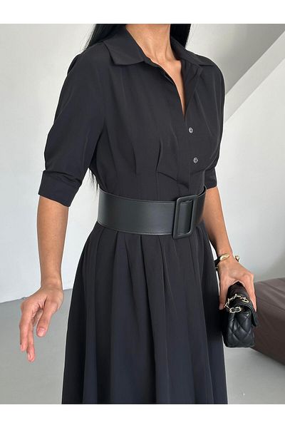 Appleline Lucy Fabric Maxi (Long) Length Half Sleeve Belt Dress Black