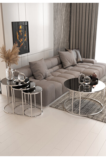 Nies Aksesuar Armoni 3'lü Zigon Ve Orta Sehpa Gümüş Kaplama Füme Ayna