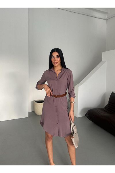 Appleline Women's Long Tunic Dress with Cotton Viscose Belt - Purple