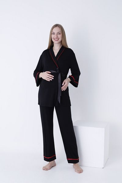 Miss Dünya Lissa Pregnant and Maternity Pajamas Set with Front Tie and Large Stripe Collar