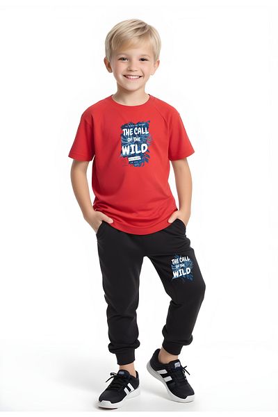 YA KO KİDS Wild Printed Boy's Short Sleeve Double Pocket Bottom-Top Set