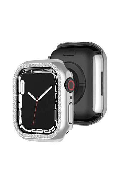 Techmaster Apple Watch 7 8 9 45mm Uyumlu Tek Sıra Parlak Taşlı Rubber Kasa Kapak