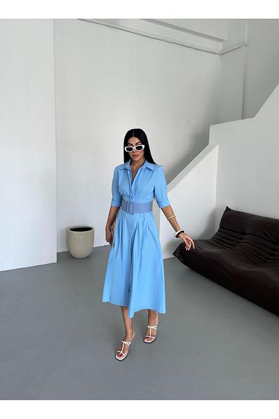 Appleline Lucy Fabric Maxi (Lungă) Rochie Lungime Cu Jumătate Maneca Curea ALBASTRU BEBE