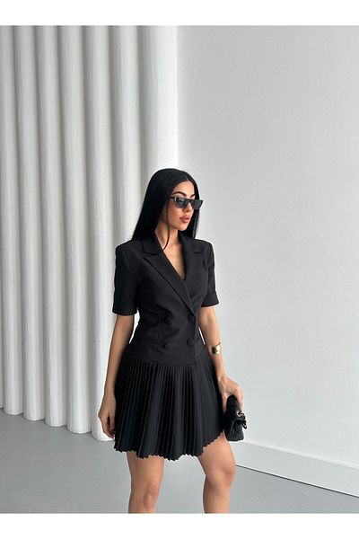 Appleline Women's Black Pleated Jacket Dress - Half Sleeve